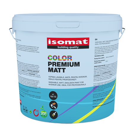 Isomat PREMIUM COLOR MATT alb 9L vopsea lavabila mata, de calitate premium, pentru interior