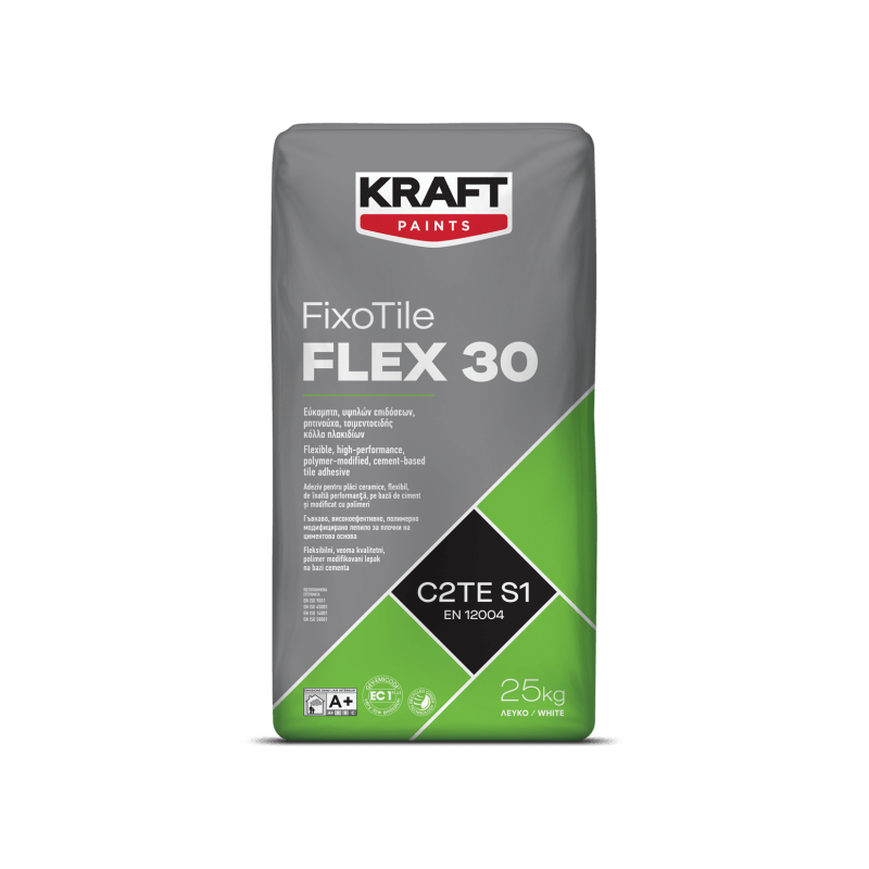 Kraft FixoTile Flex 30 alb 25Kg adeziv pentru placi ceramice, flexibil, de inalta performanta, pe baza de ciment C2TES1